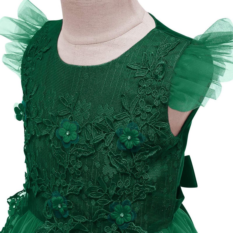 IWEMEK Big Little Girl Princess Embroidery Flower Lace Long A Line Pageant Dress Kids Floor Length Prom First Communion Bowknot Dress Puffy Tulle Ball Gown for Wedding Party Birthday Dark Green 7-8 Years - Image 4